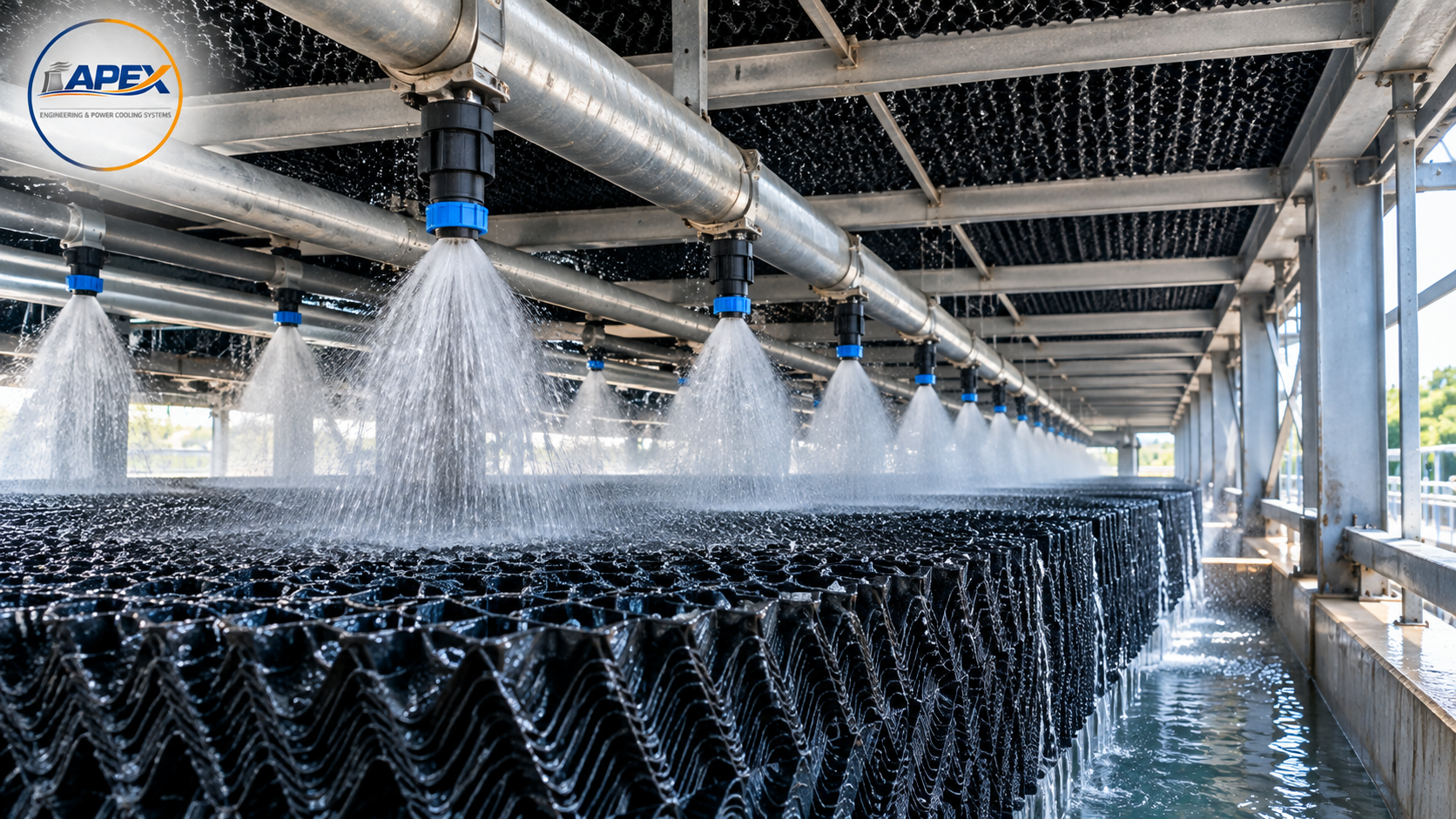 Cooling tower fills and spray nozzles